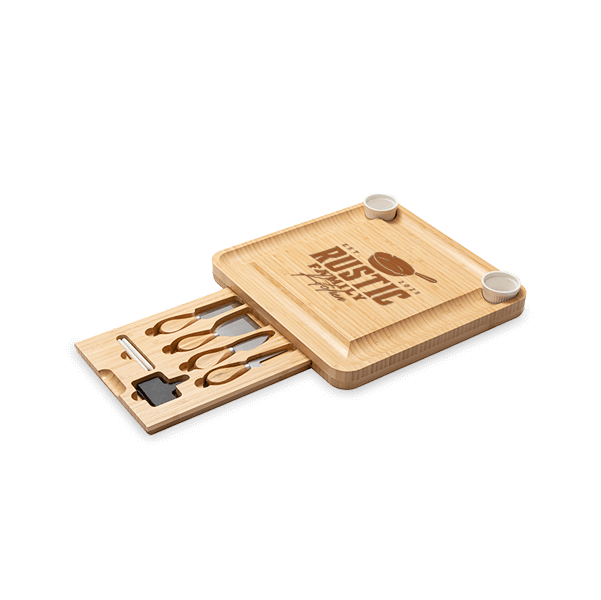 Bamboo cheese board with the drawer open, engraved with a sample logo