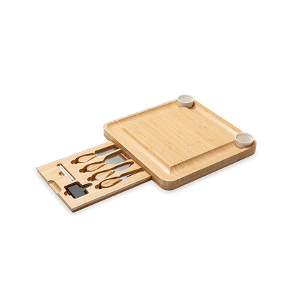 Blank bamboo cheese board with the cutlery drawer open