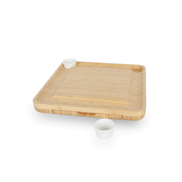 Bamboo cheese board shown with serving dishes (ramekins not included)