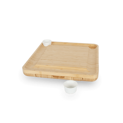 Bamboo cheese board shown with serving dishes (ramekins not included)