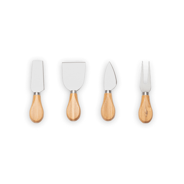 Four stainless steel cheese tools included with the bamboo cheese board