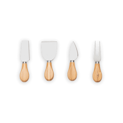 Four stainless steel cheese tools included with the bamboo cheese board