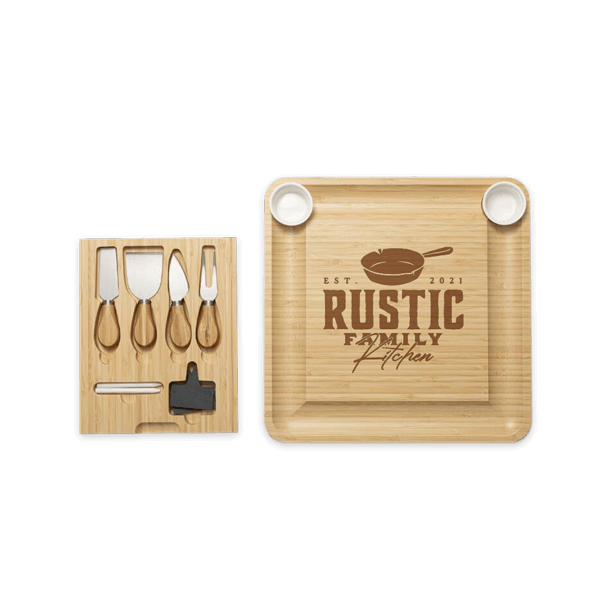 Top view of the bamboo cheese board engraved with a sample logo