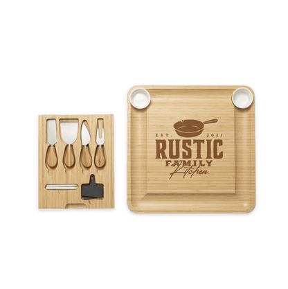 Top view of the bamboo cheese board engraved with a sample logo