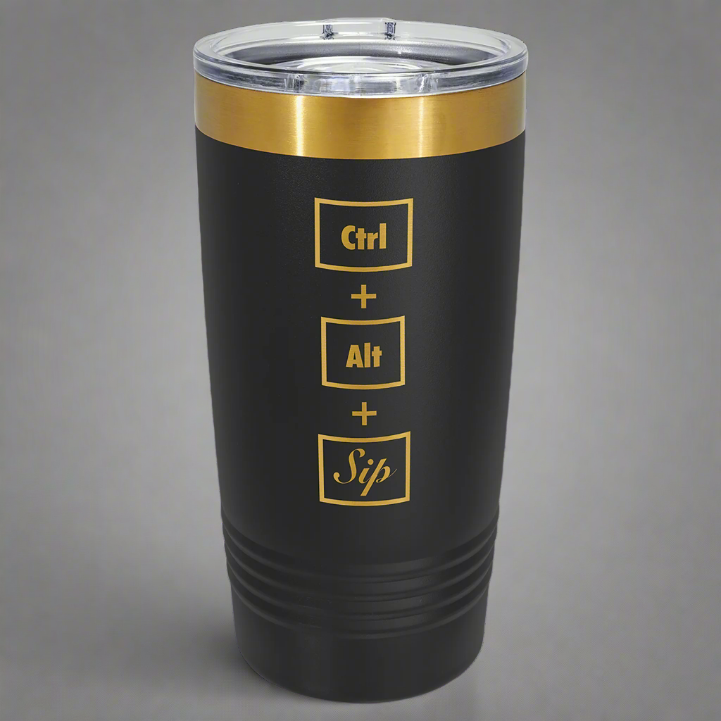 Black and gold 20 oz gold ion tumbler with a sample laser engraving revealing the gold underneath
