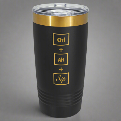 Black and gold 20 oz gold ion tumbler with a sample laser engraving revealing the gold underneath