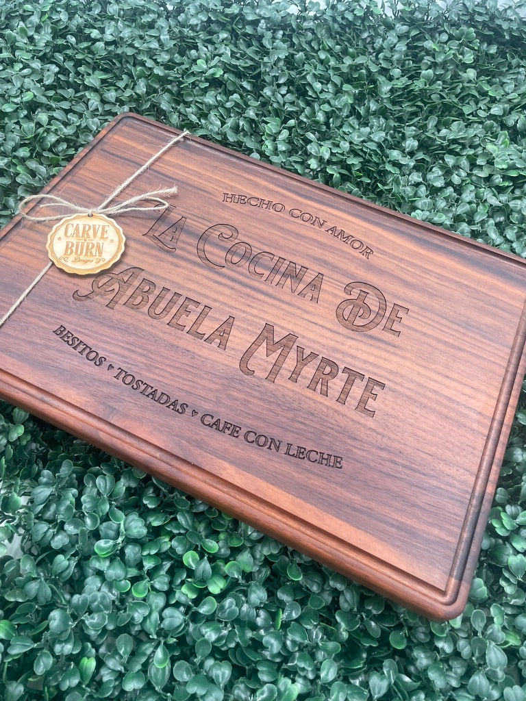Black walnut cutting board engraved La Cocina de Abuela Myrte