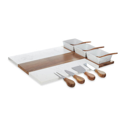 Everything included in the 11-piece marble charcuterie board set