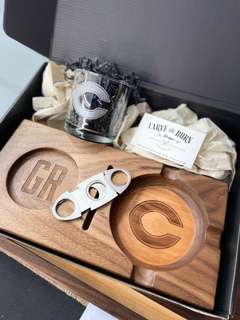 Boxed cigar gift set with engraved tray, cutter and whiskey glass