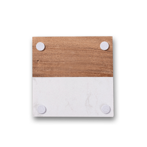 White Marble & Acacia Wood Coaster (4 Pack) 3.937" x 3.937"