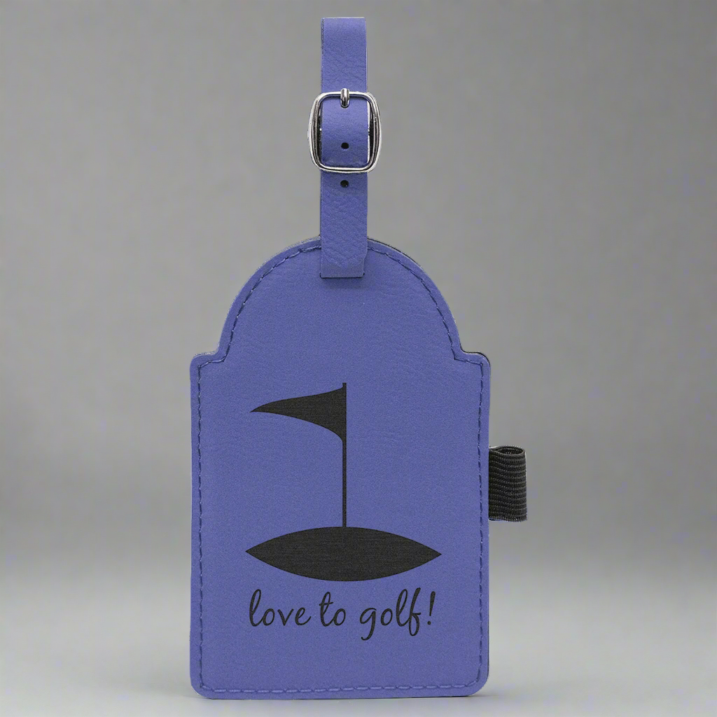 Purple leatherette golf bag tag engraved with a golf flag and Love to Golf