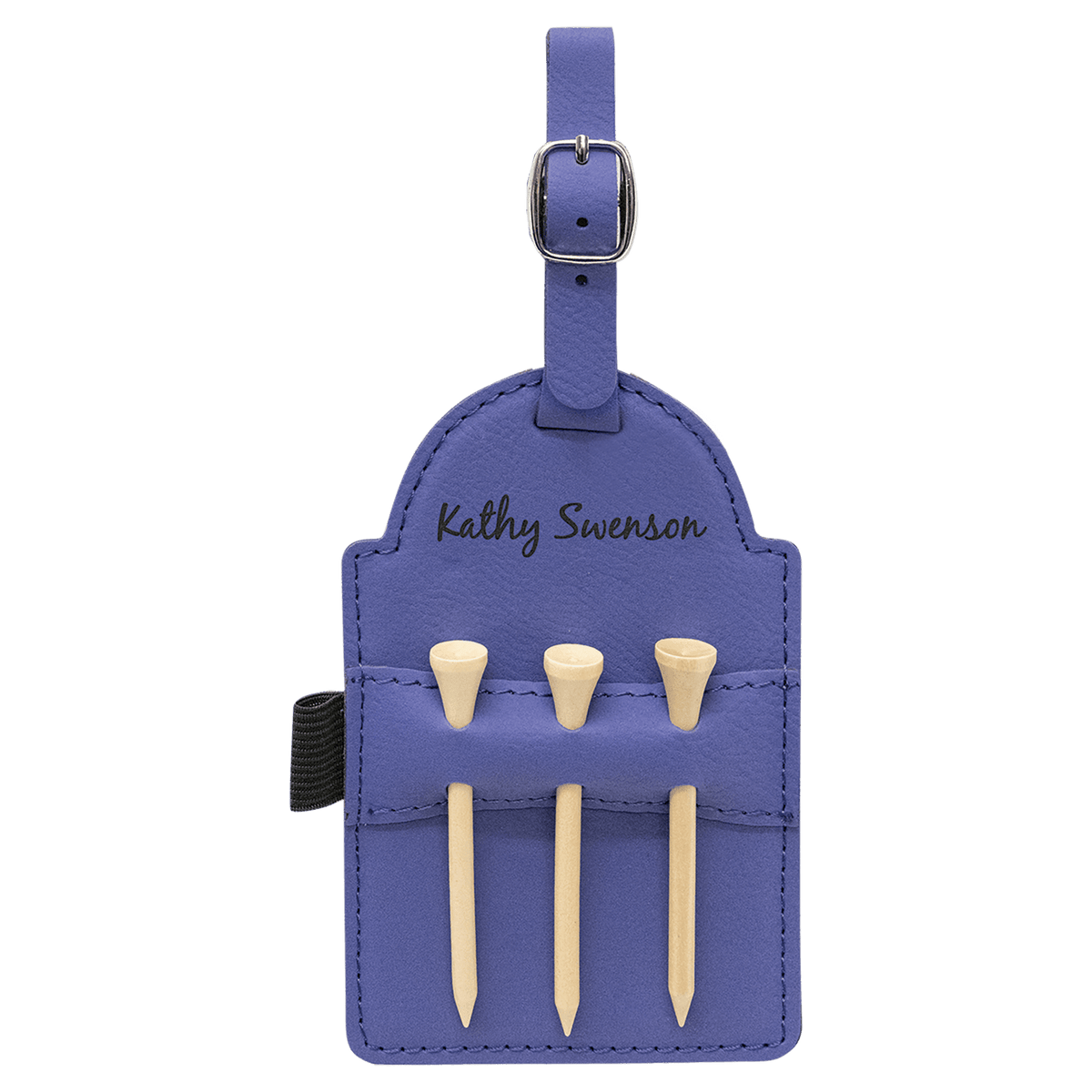 Purple leatherette golf bag tag with tees engraved with a script name