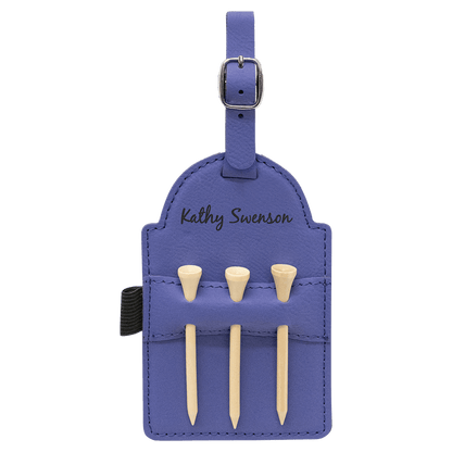 Purple leatherette golf bag tag with tees engraved with a script name