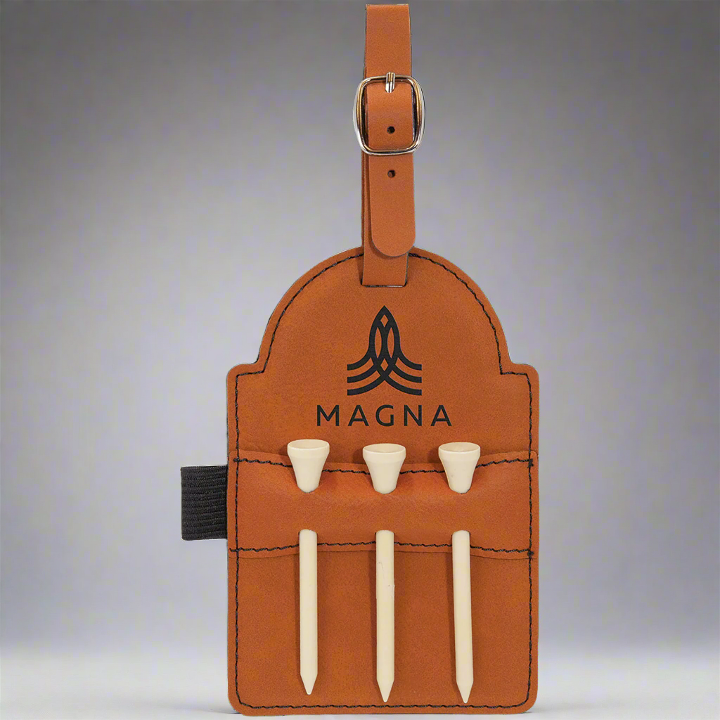 Rawhide leatherette golf bag tag with tees engraved with a Magna logo