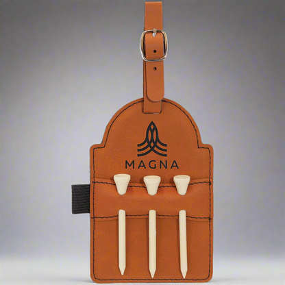 Rawhide leatherette golf bag tag with tees engraved with a Magna logo
