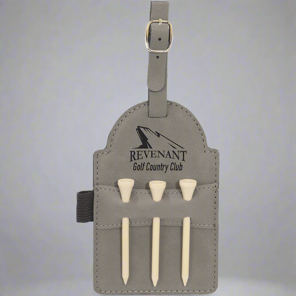 Gray leatherette golf bag tag with tees engraved with a country club logo