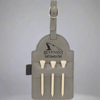 Gray leatherette golf bag tag with tees engraved with a country club logo
