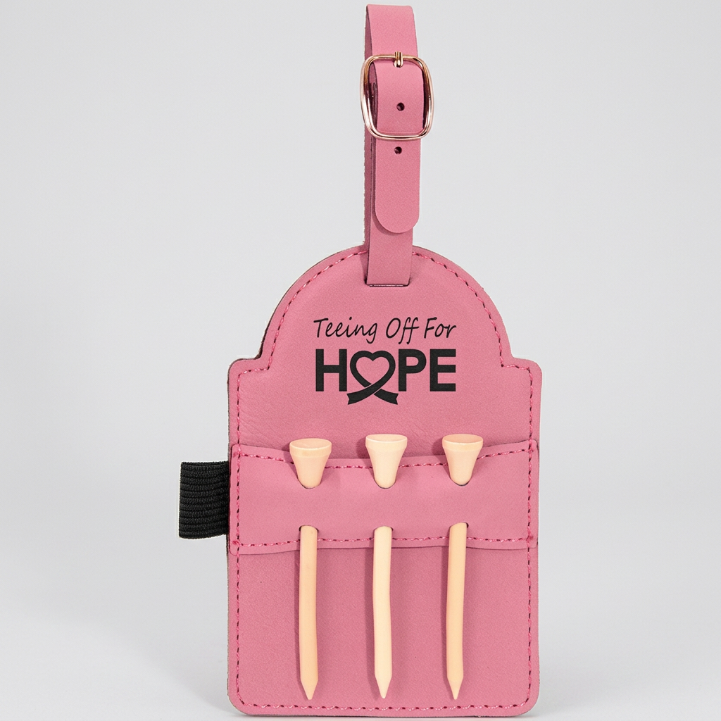 Pink leatherette golf bag tag with tees engraved Tee Off for Hope