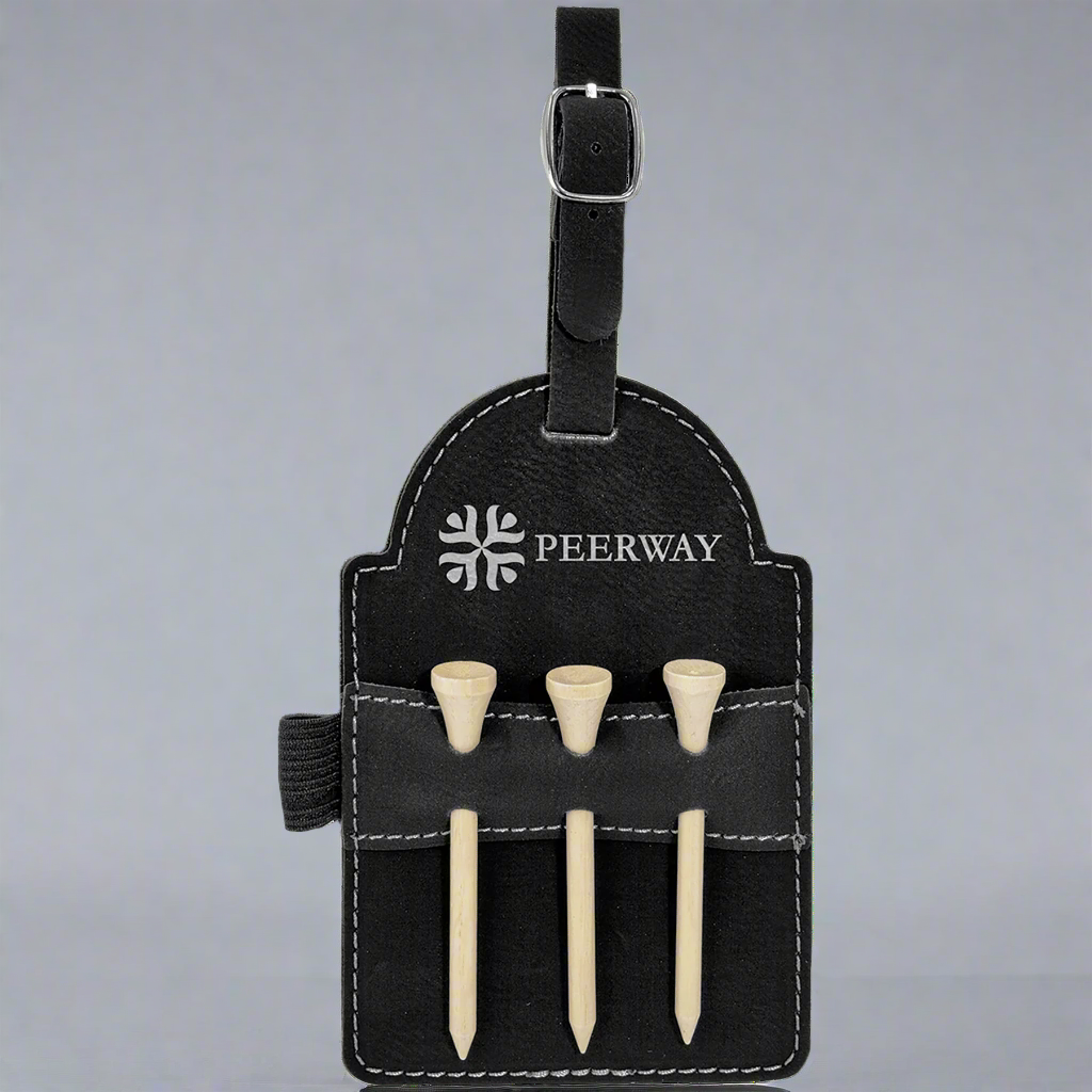 Black leatherette golf bag tag with tees engraved with a Pierway logo