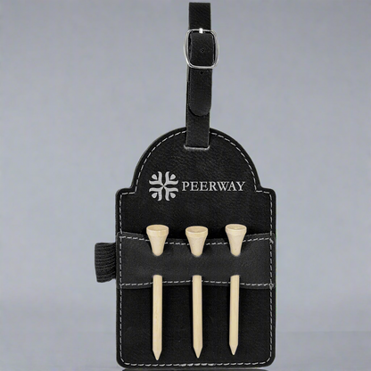Black leatherette golf bag tag with tees engraved with a Pierway logo
