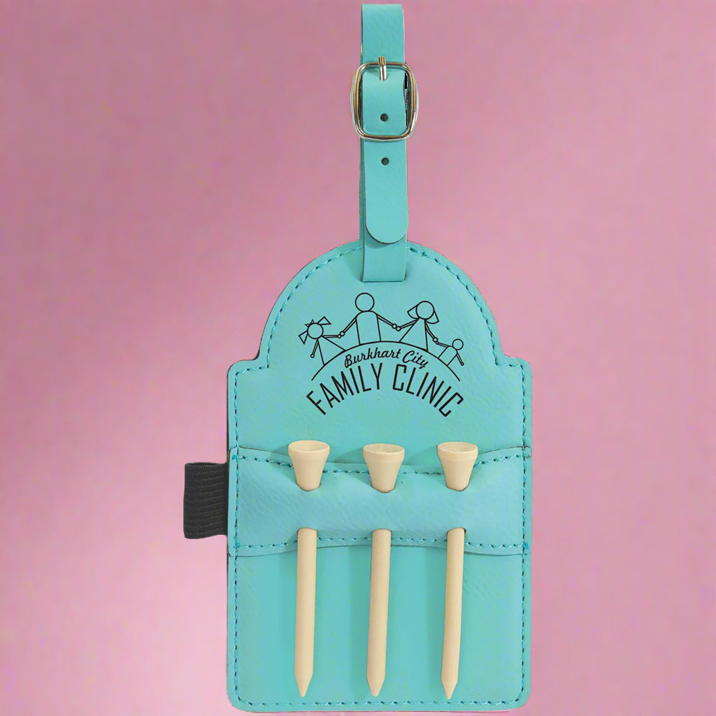 Teal leatherette golf bag tag with tees engraved with a golf tournament logo