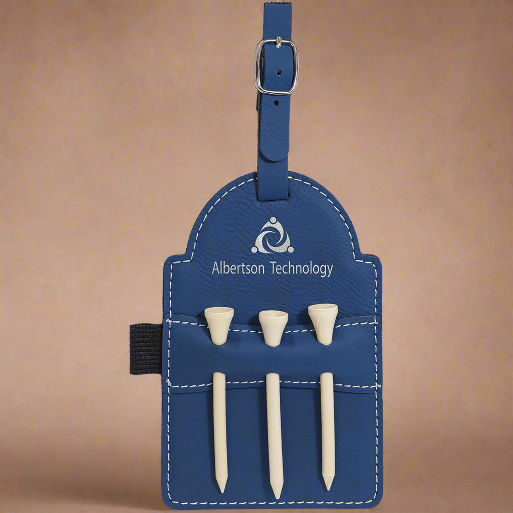 Navy leatherette golf bag tag with tees engraved with a company logo
