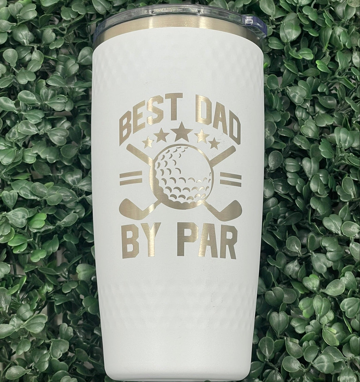 20 oz golf ball tumbler engraved with the 'Best Dad by Par' golf design