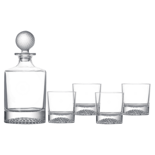 Golf ball stopper whiskey decanter with four glasses, ready for custom engraving