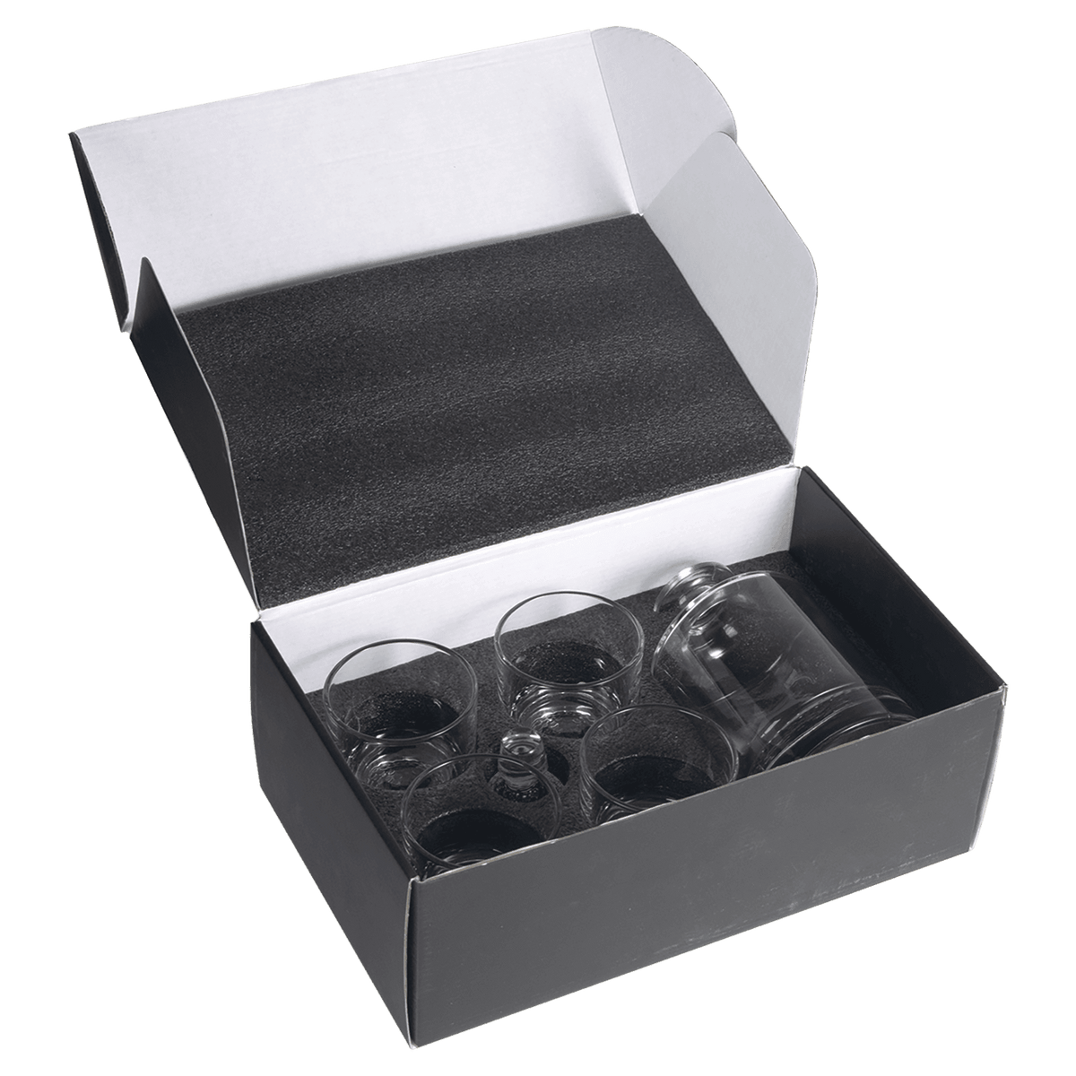 Golf ball decanter set packed in a black foam-lined gift box