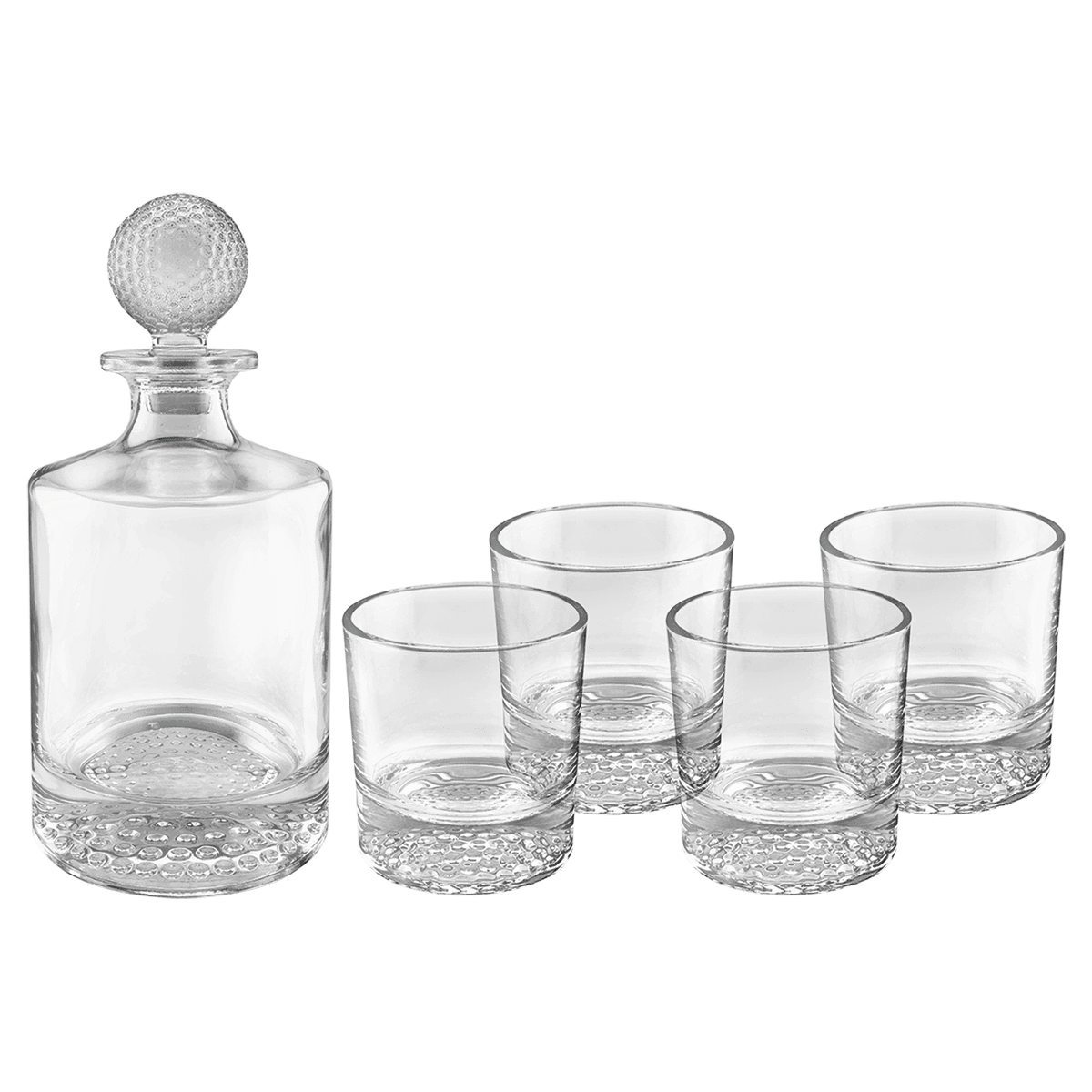 Golf ball decanter set with four golf ball base whiskey glasses, angled view