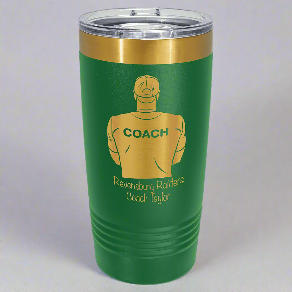 Green and gold 20 oz gold ion tumbler for custom engraving