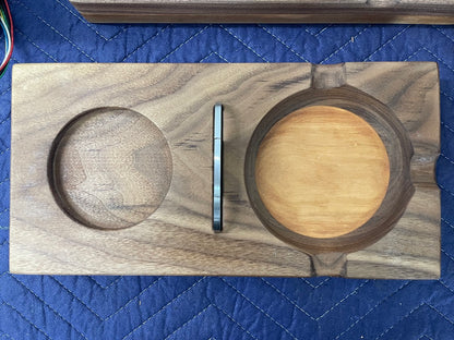 Handmade walnut cigar and whiskey tray with glass rest and cigar rests