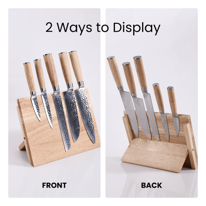 Kitchen knife set on a magnetic acacia block, shown front and back