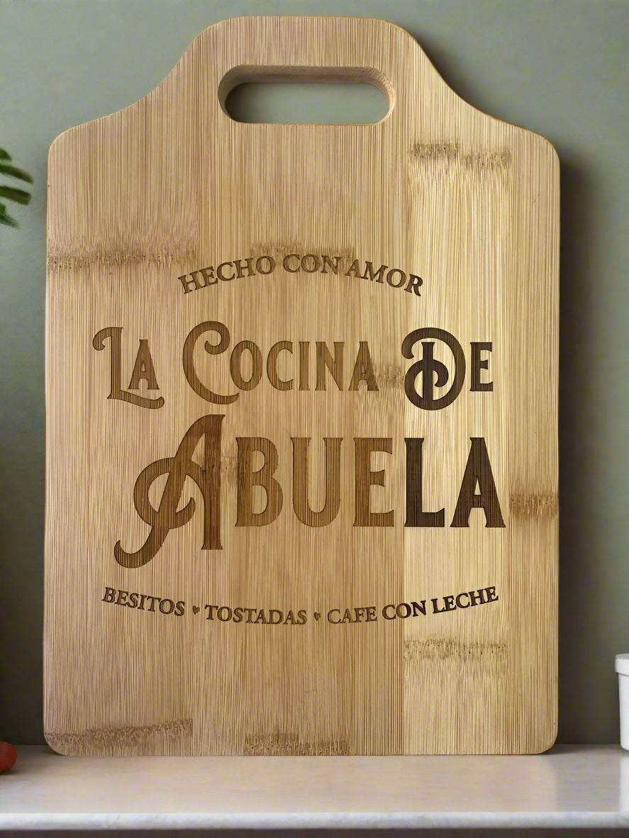 La Cocina de Abuela bamboo cutting board, laser engraved by Carve & Burn in Miami