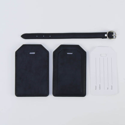 Black leatherette luggage tag front and back with strap and paper insert