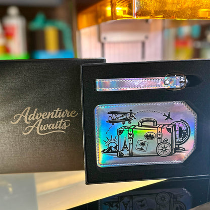 Holographic leatherette luggage tag engraved with an Adventure Awaits travel design