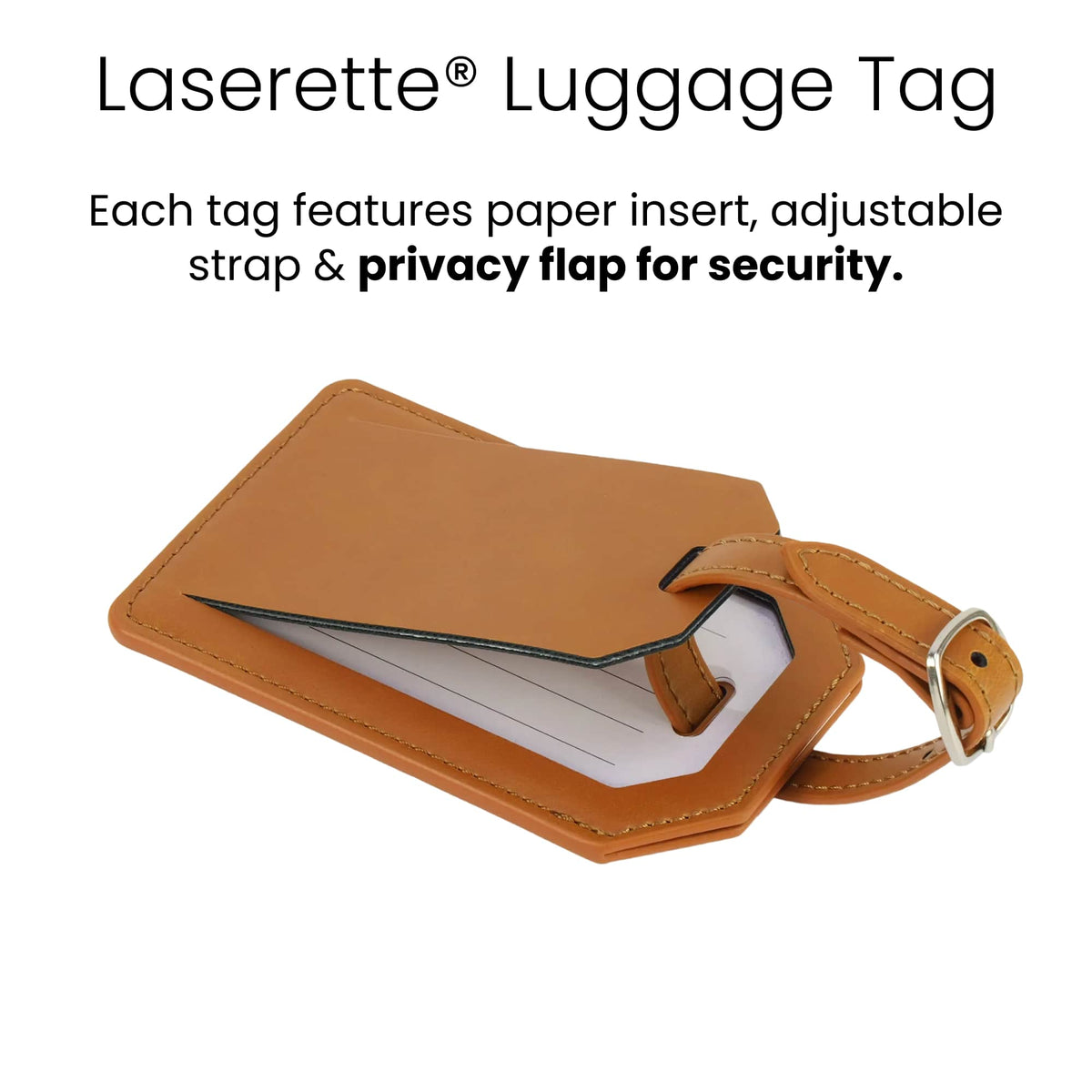 Rawhide leatherette luggage tag showing paper insert, adjustable strap and privacy flap