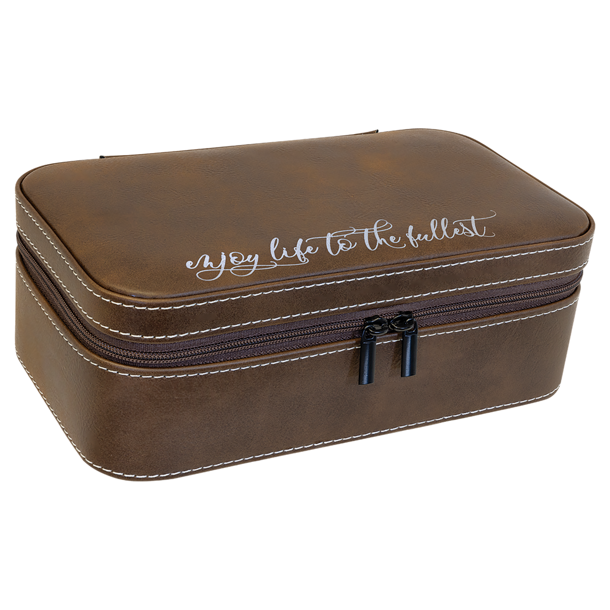 Dark brown leatherette travel jewelry box engraved with a script quote