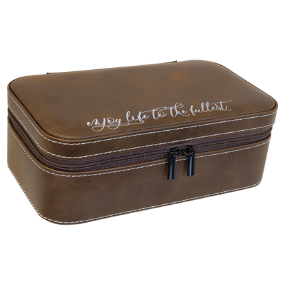 Dark brown leatherette travel jewelry box engraved with a script quote
