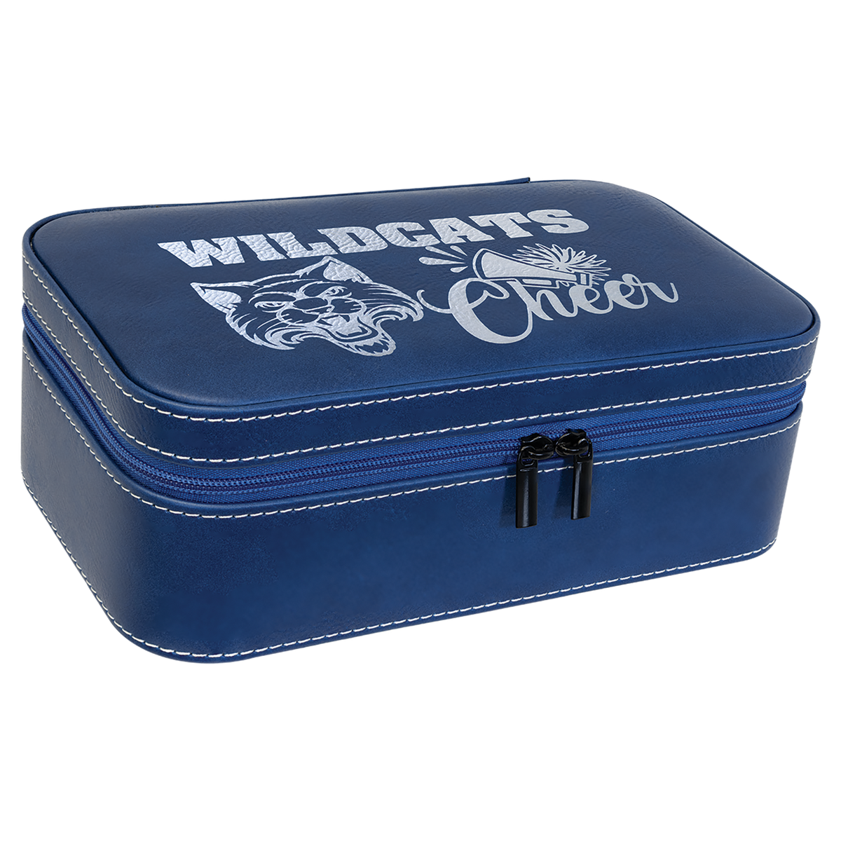 Navy leatherette travel jewelry box engraved with a Wildcats Cheer team design