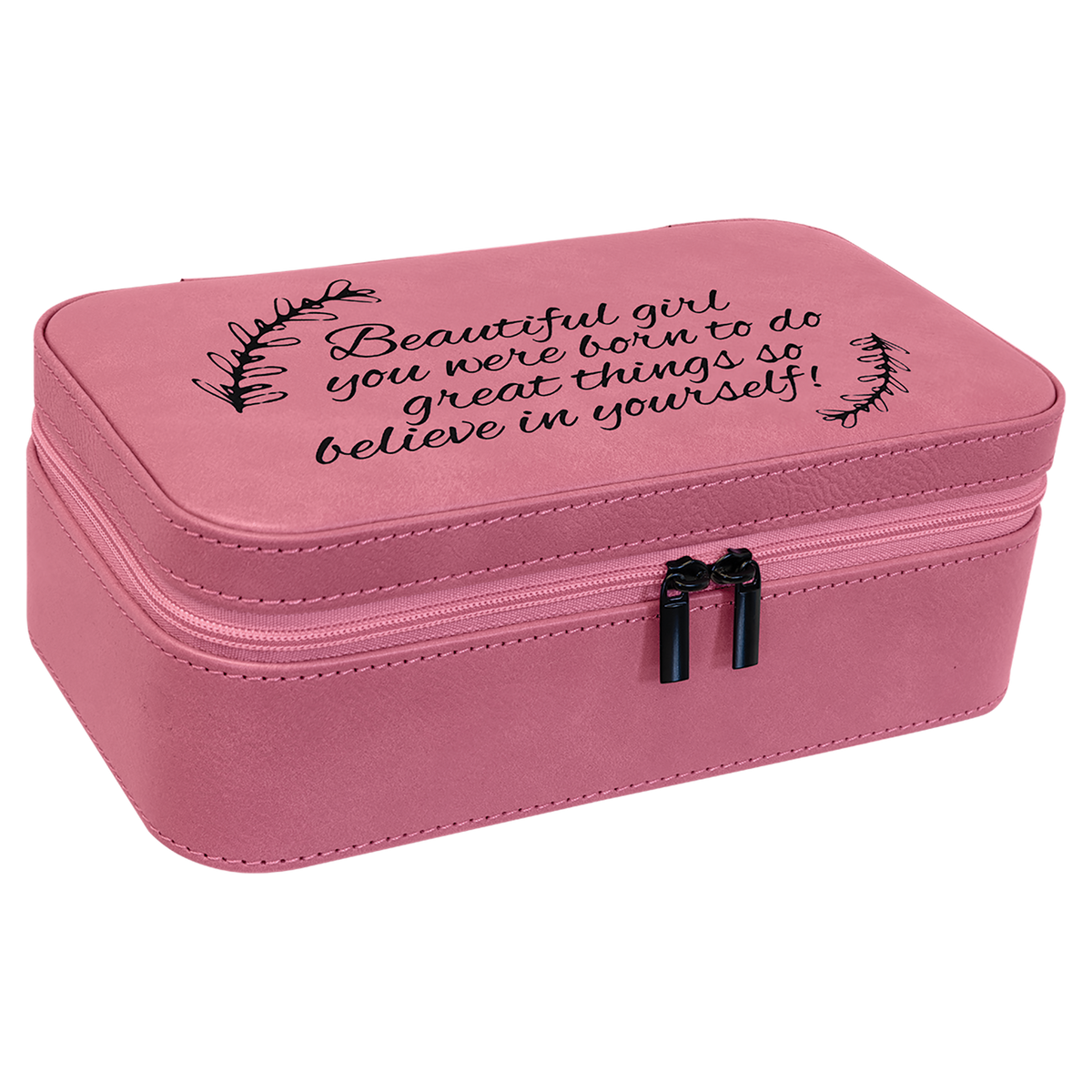 Pink leatherette travel jewelry box engraved with an inspirational script quote