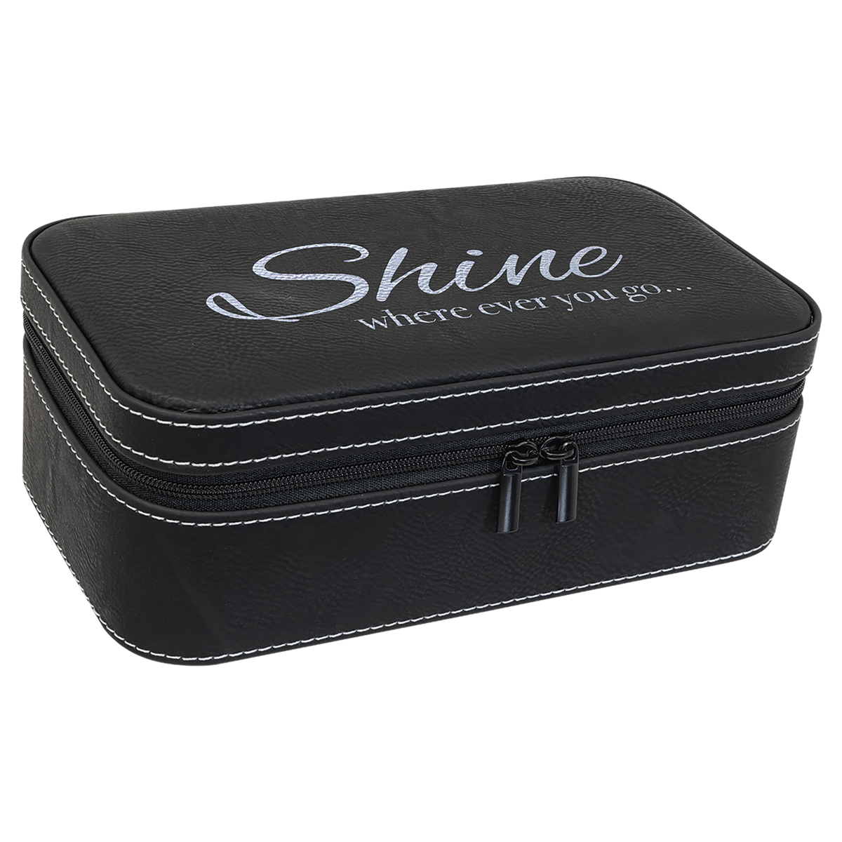 Black leatherette travel jewelry box engraved with a Shine logo
