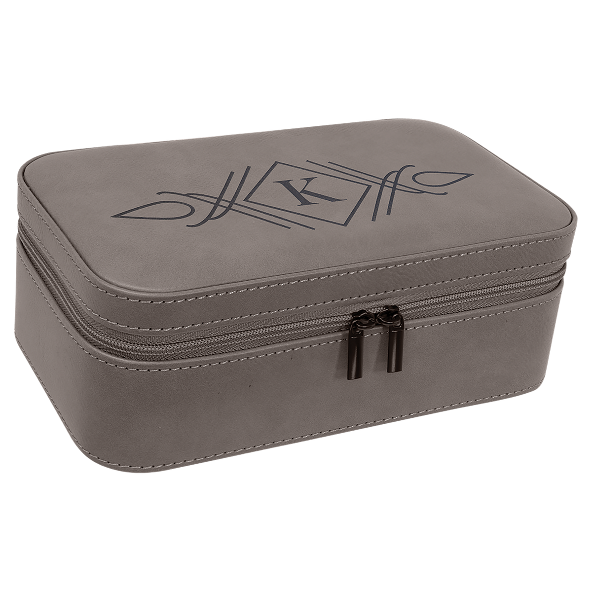 Gray leatherette travel jewelry box engraved with a script monogram