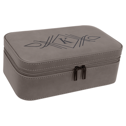 Gray leatherette travel jewelry box engraved with a script monogram