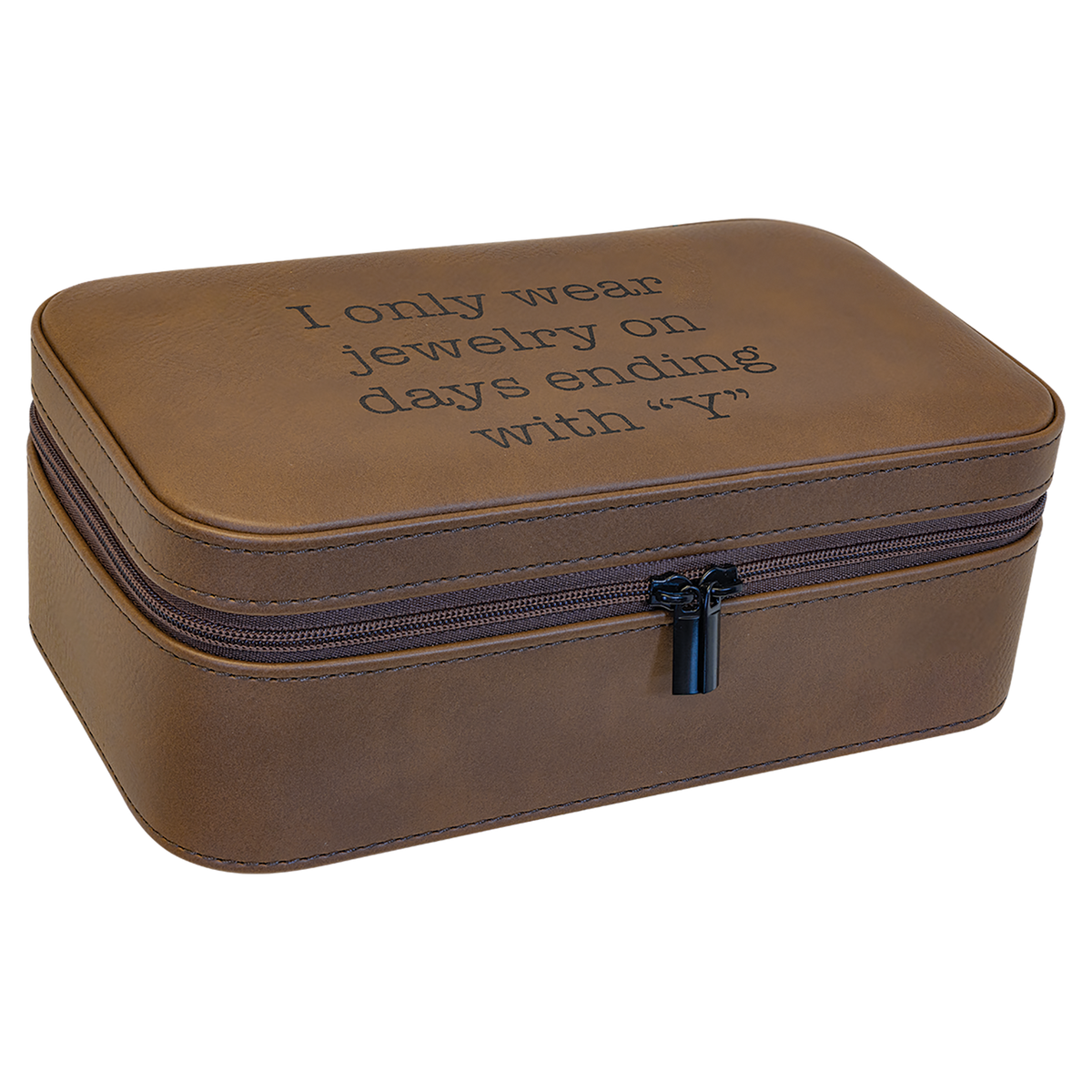 Dark brown leatherette travel jewelry box engraved with a short message