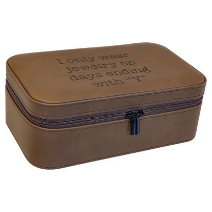Dark brown leatherette travel jewelry box engraved with a short message