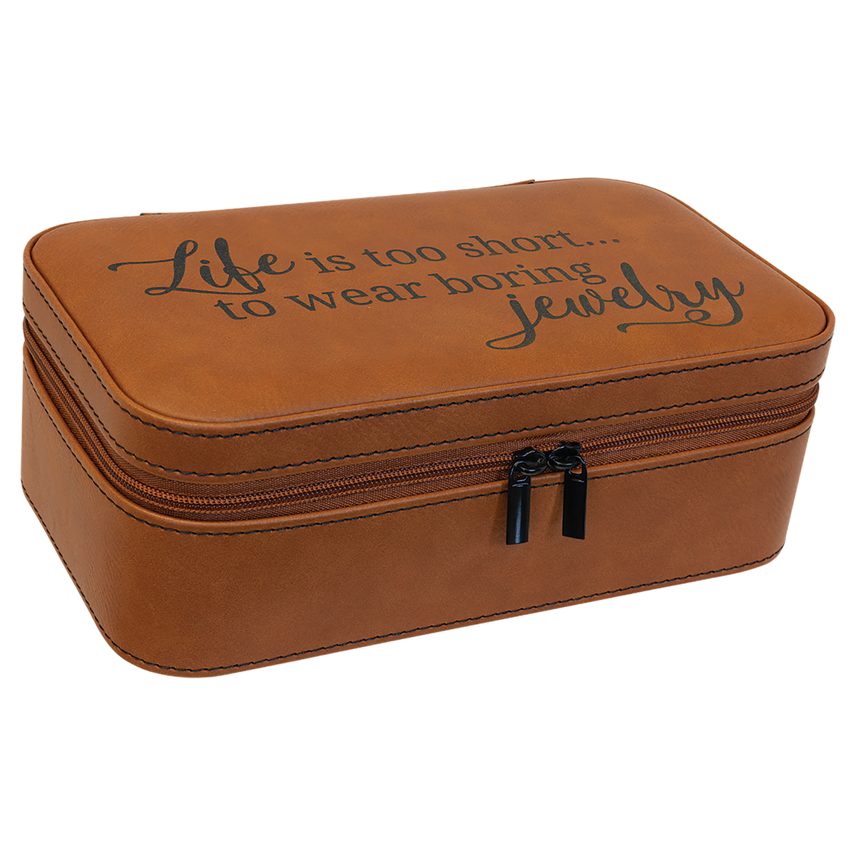Rawhide leatherette travel jewelry box engraved with a script jewelry quote
