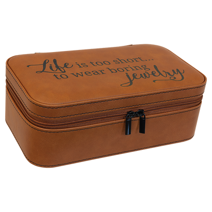 Rawhide leatherette travel jewelry box engraved with a script jewelry quote