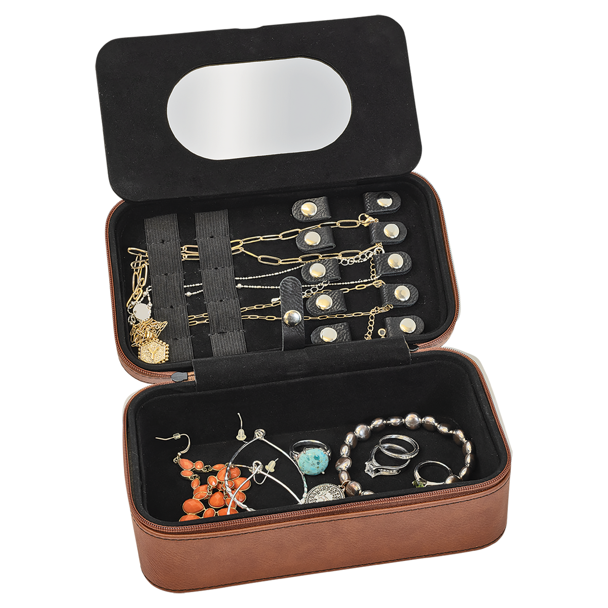 Open leatherette travel jewelry box filled with necklaces, rings and earrings