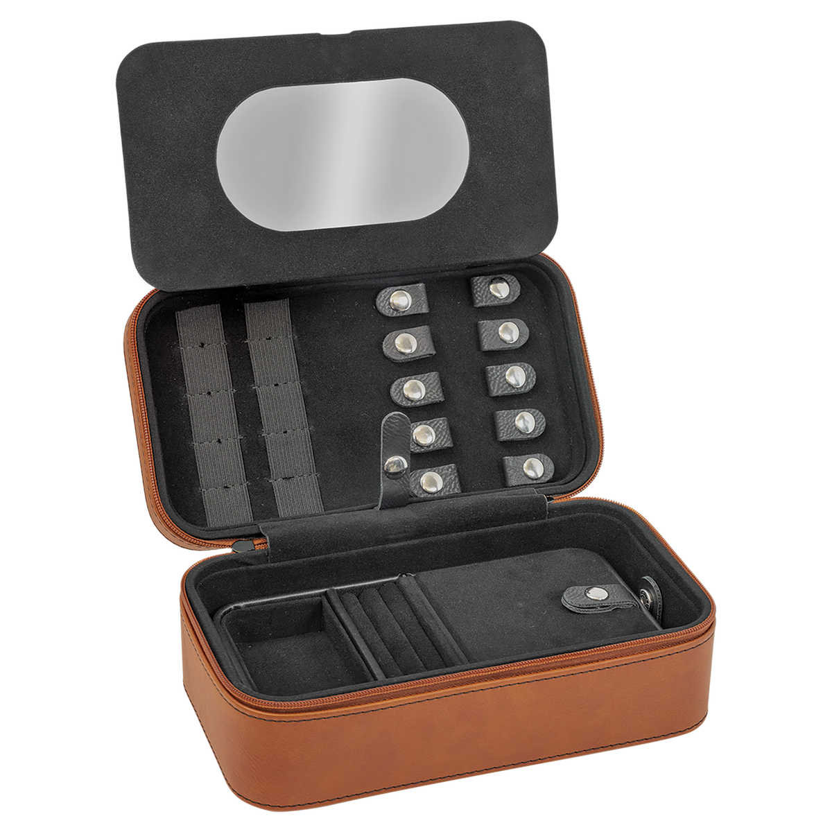 Open leatherette travel jewelry box showing mirror, ring rolls and compartments